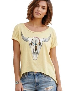 DreamR Bull Head Women’s Cotton Yellow T Shirt Size XS